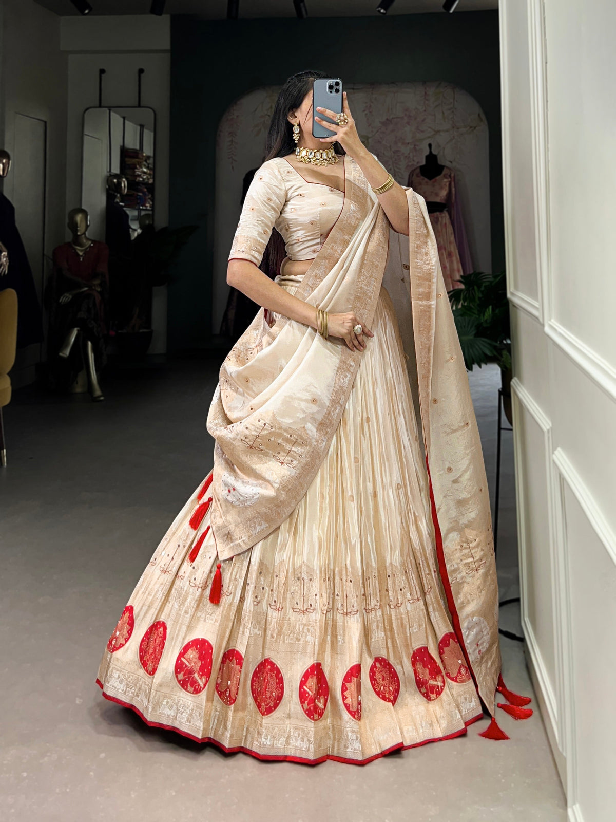 Lorenvalley Off White Pure Shimmer With Weaving Work with Mirror And Beads (Moti) Hand Work Lehenga Choli | Grocsy