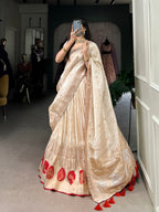 Lorenvalley Off White Pure Shimmer With Weaving Work with Mirror And Beads (Moti) Hand Work Lehenga Choli | Grocsy