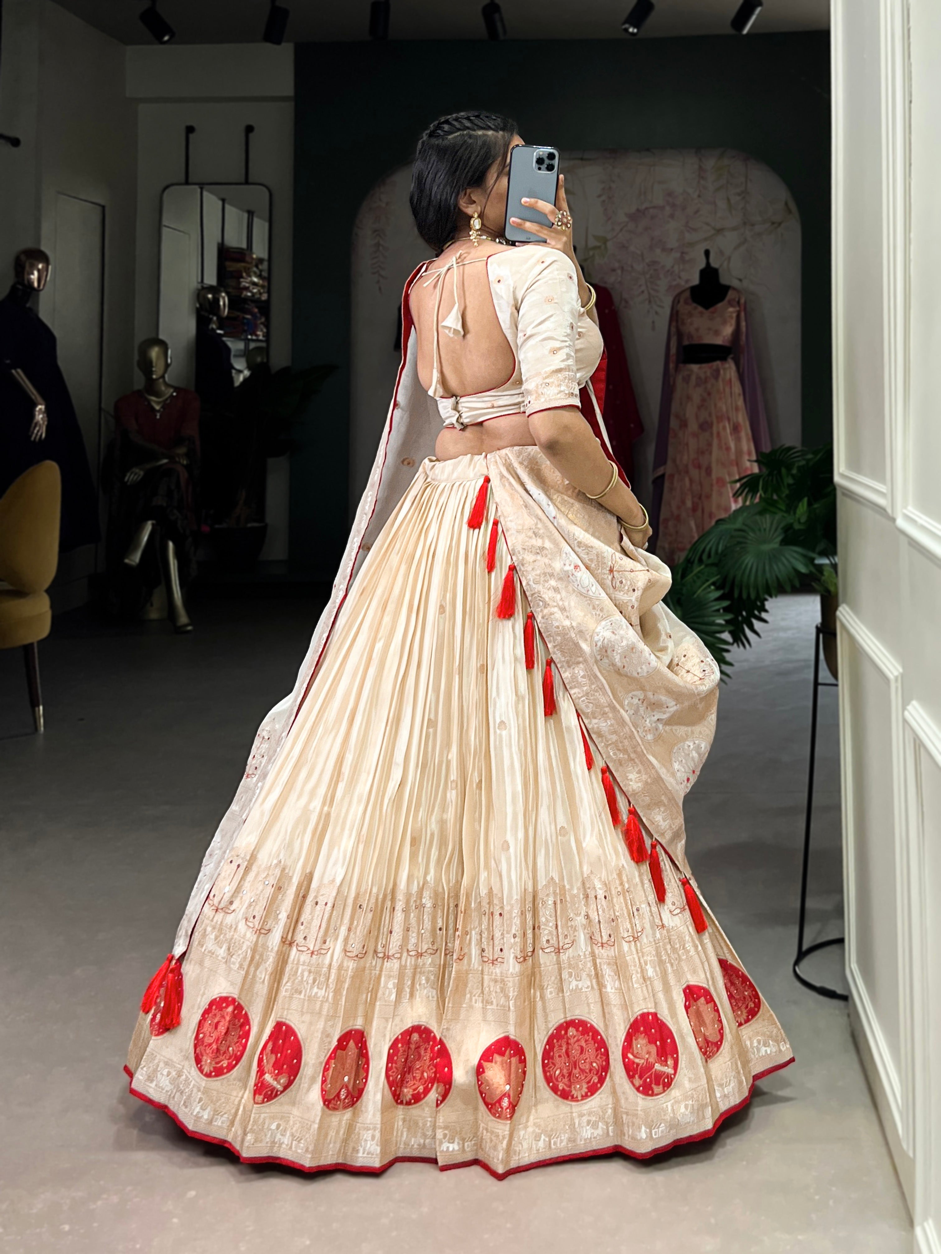 Lorenvalley Off White Pure Shimmer With Weaving Work with Mirror And Beads (Moti) Hand Work Lehenga Choli | Grocsy