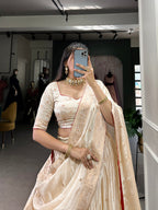 Lorenvalley Off White Pure Shimmer With Weaving Work with Mirror And Beads (Moti) Hand Work Lehenga Choli | Grocsy