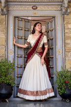 Lorenvalley Off White Vichitra Silk Zari Weaving Work Lace Border Belt with Sequins Lace Touch Up Lehenga Choli with Dupatta | Grocsy