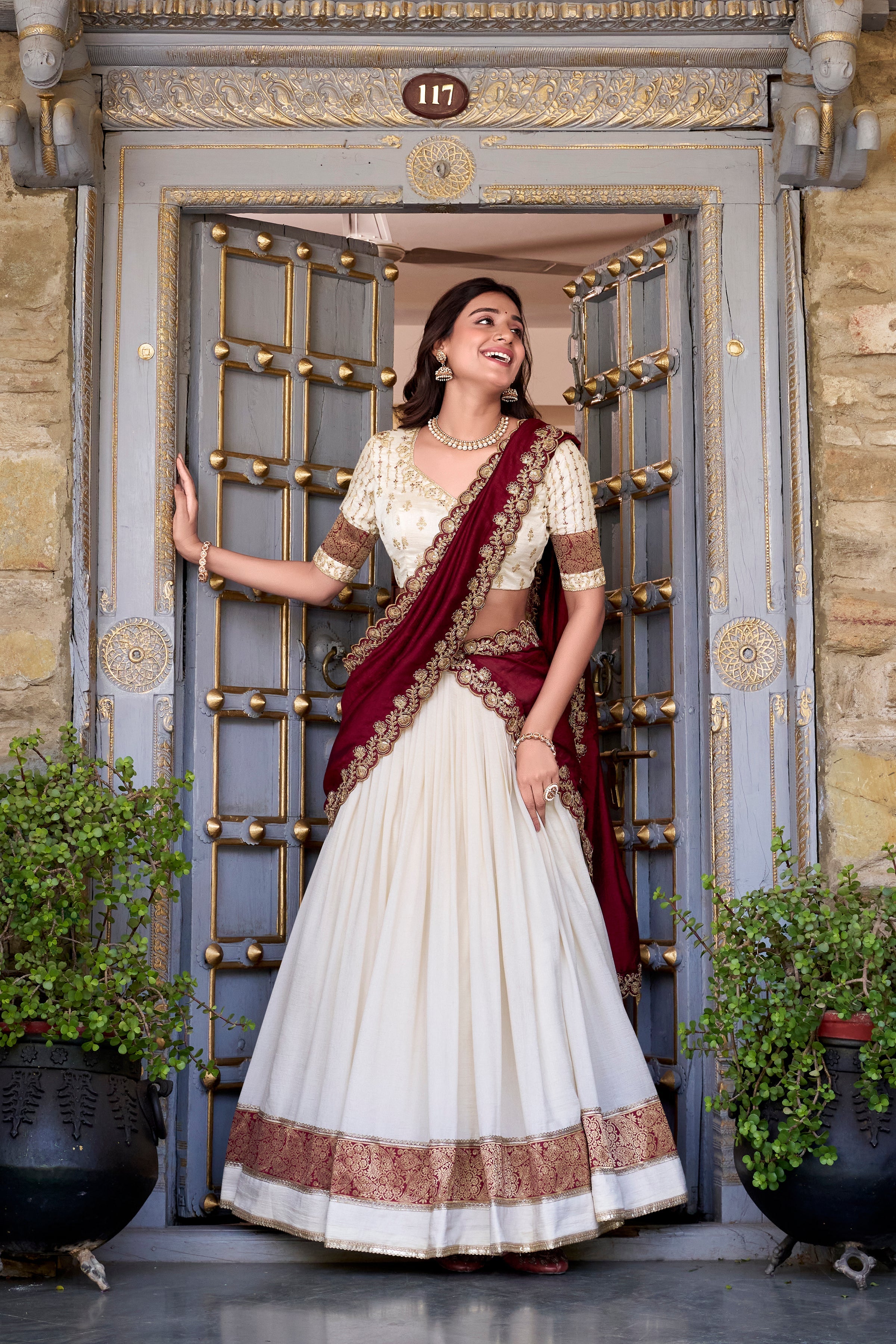 Lorenvalley Off White Vichitra Silk Zari Weaving Work Lace Border Belt with Sequins Lace Touch Up Lehenga Choli with Dupatta | Grocsy