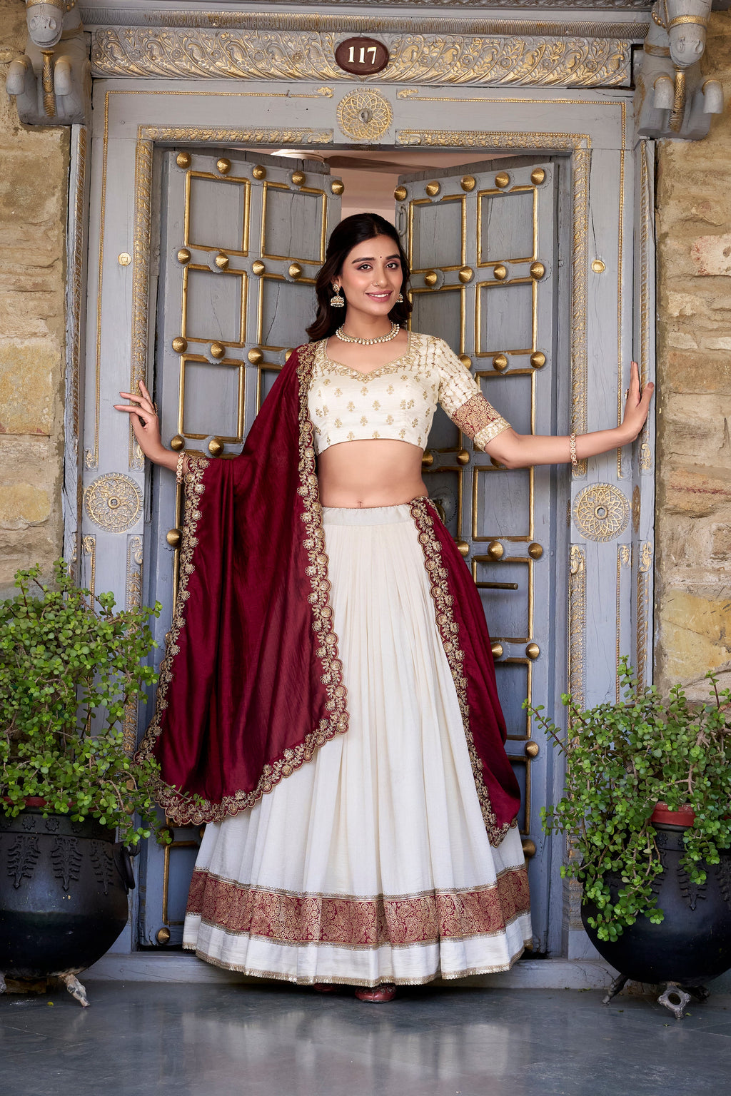Lorenvalley Off White Vichitra Silk Zari Weaving Work Lace Border Belt with Sequins Lace Touch Up Lehenga Choli with Dupatta | Grocsy