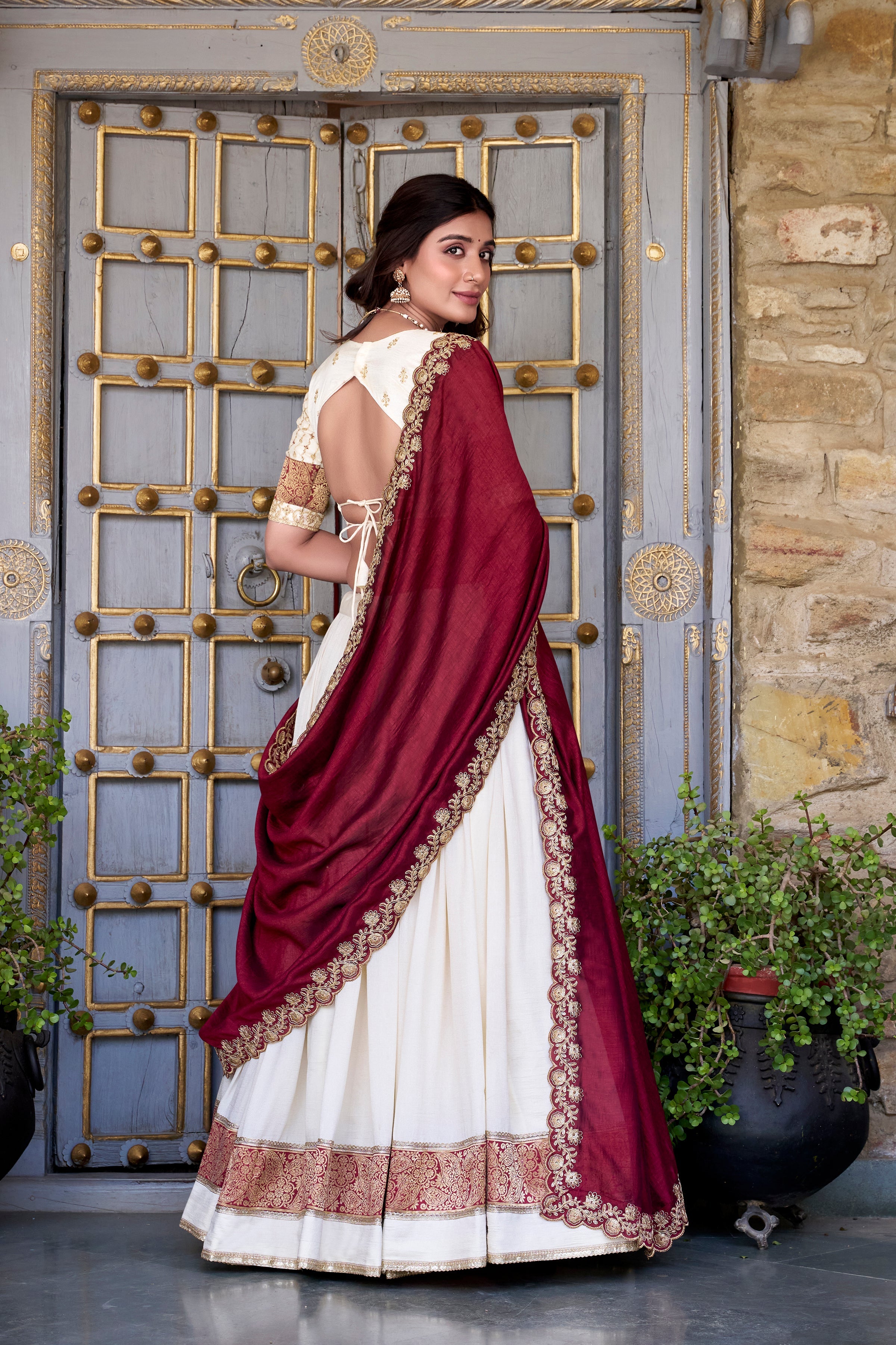 Lorenvalley Off White Vichitra Silk Zari Weaving Work Lace Border Belt with Sequins Lace Touch Up Lehenga Choli with Dupatta | Grocsy