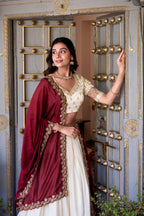 Lorenvalley Off White Vichitra Silk Zari Weaving Work Lace Border Belt with Sequins Lace Touch Up Lehenga Choli with Dupatta | Grocsy