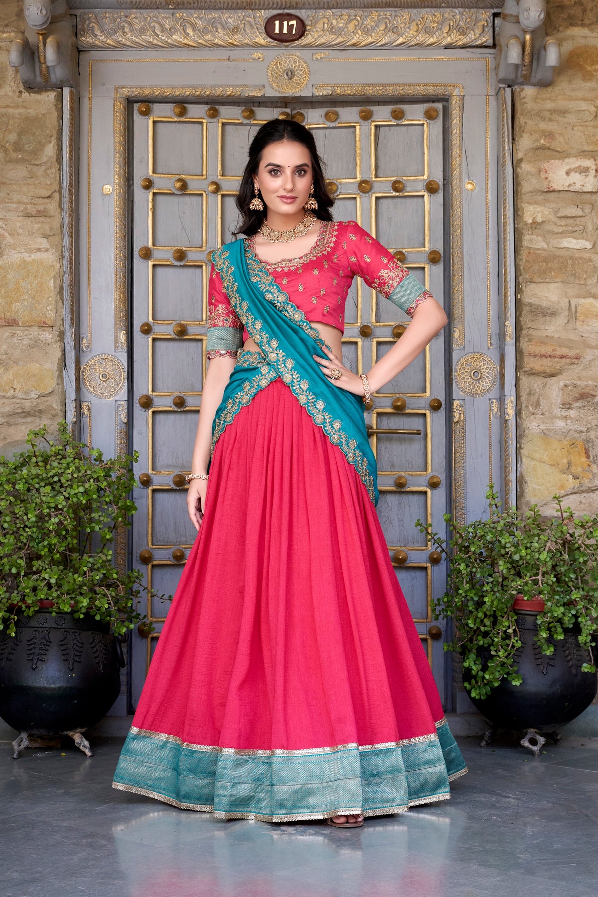 Lorenvalley Pink Vichitra Silk Zari Weaving Work Lace Border Belt with Sequins Lace Touch Up Lehenga Choli with Dupatta | Grocsy