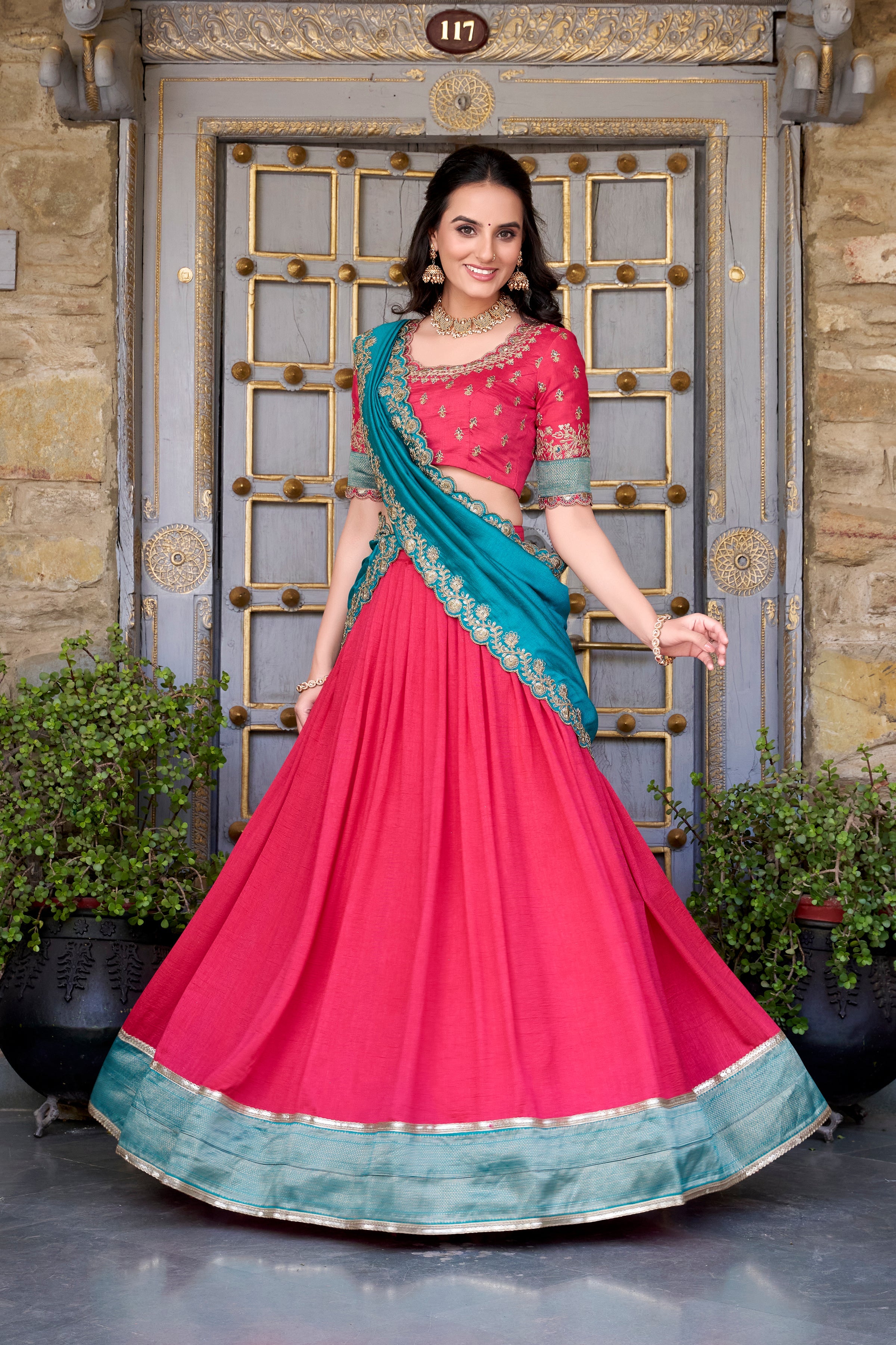 Lorenvalley Pink Vichitra Silk Zari Weaving Work Lace Border Belt with Sequins Lace Touch Up Lehenga Choli with Dupatta | Grocsy