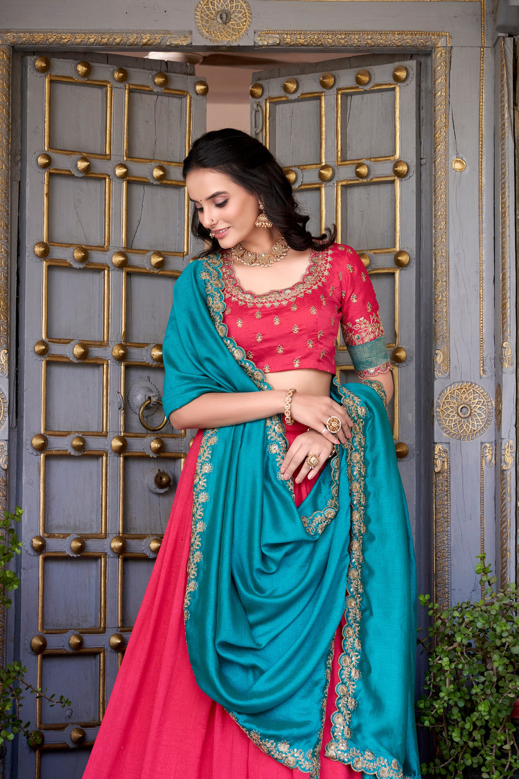 Lorenvalley Pink Vichitra Silk Zari Weaving Work Lace Border Belt with Sequins Lace Touch Up Lehenga Choli with Dupatta | Grocsy