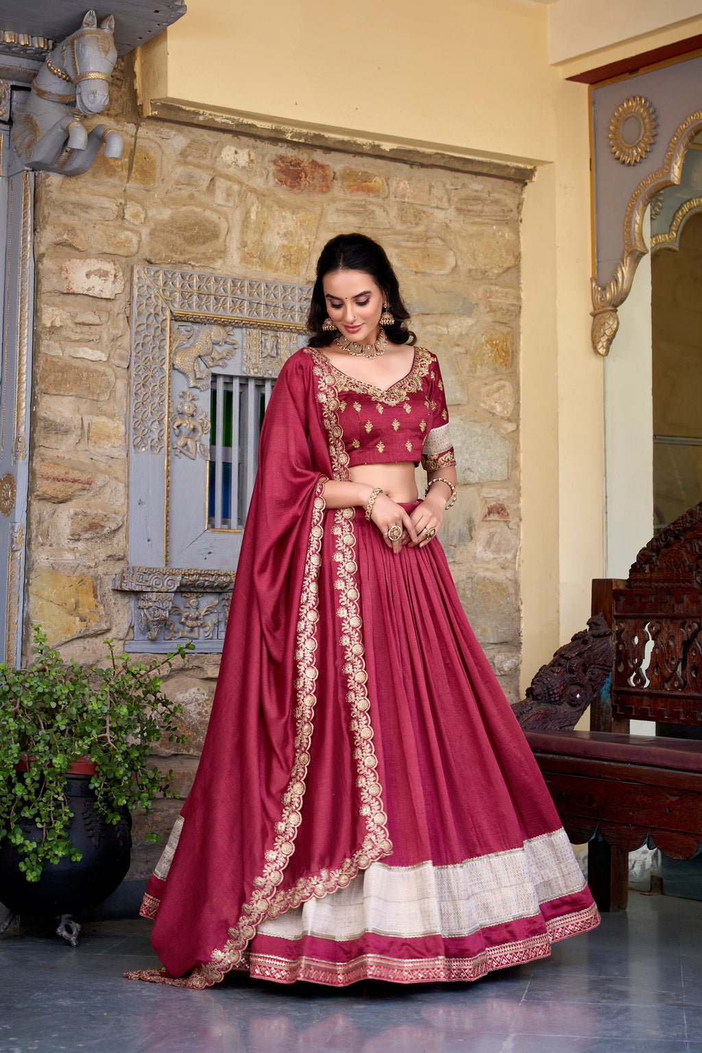 Lorenvalley Rust Vichitra Silk Zari Weaving Work Lace Border Belt with Sequins Lace Touch Up Lehenga Choli with Dupatta | Grocsy