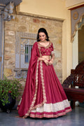 Lorenvalley Rust Vichitra Silk Zari Weaving Work Lace Border Belt with Sequins Lace Touch Up Lehenga Choli with Dupatta | Grocsy