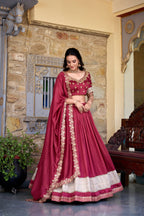 Lorenvalley Rust Vichitra Silk Zari Weaving Work Lace Border Belt with Sequins Lace Touch Up Lehenga Choli with Dupatta | Grocsy