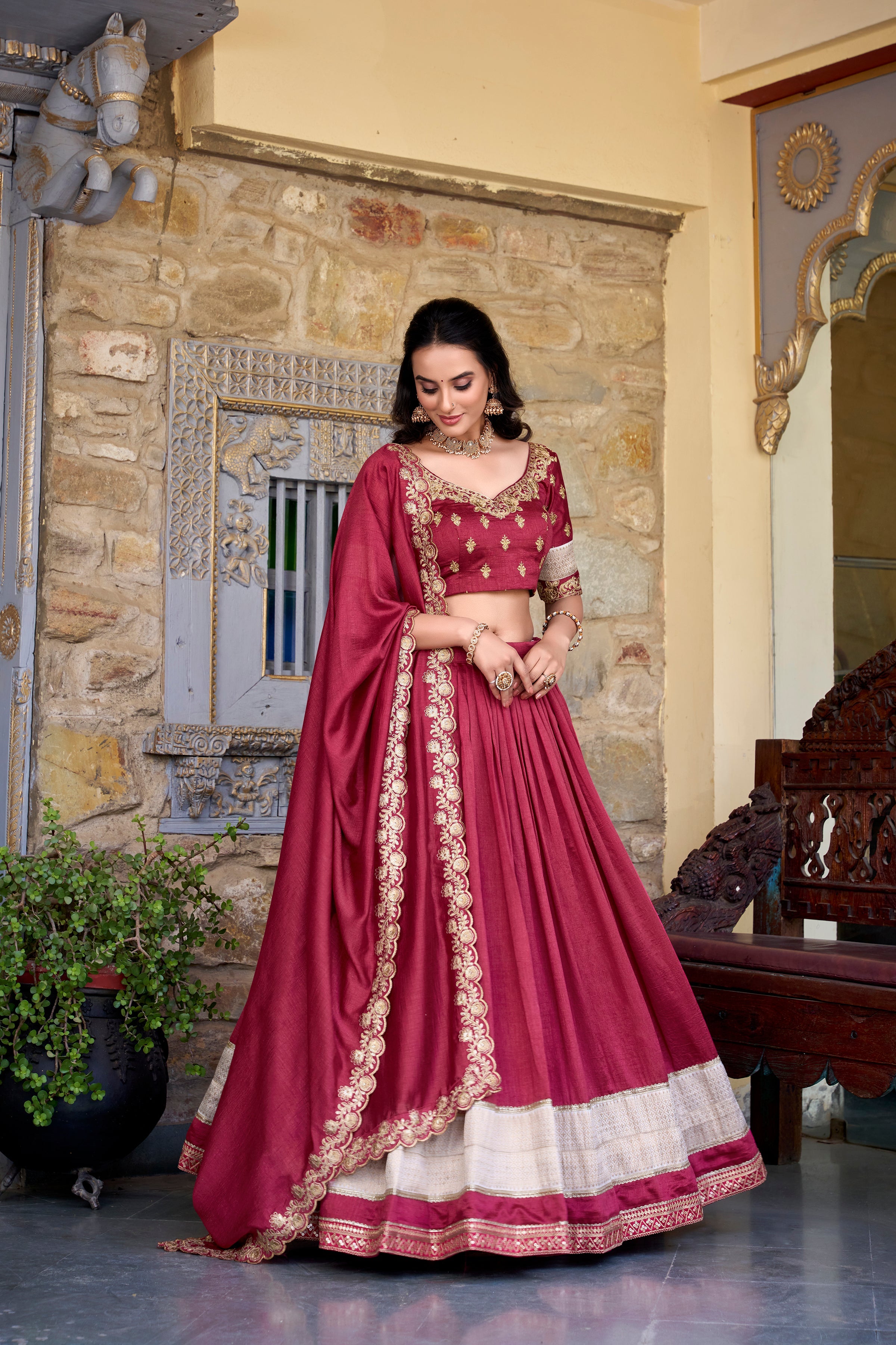 Lorenvalley Rust Vichitra Silk Zari Weaving Work Lace Border Belt with Sequins Lace Touch Up Lehenga Choli with Dupatta | Grocsy