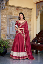 Lorenvalley Rust Vichitra Silk Zari Weaving Work Lace Border Belt with Sequins Lace Touch Up Lehenga Choli with Dupatta | Grocsy