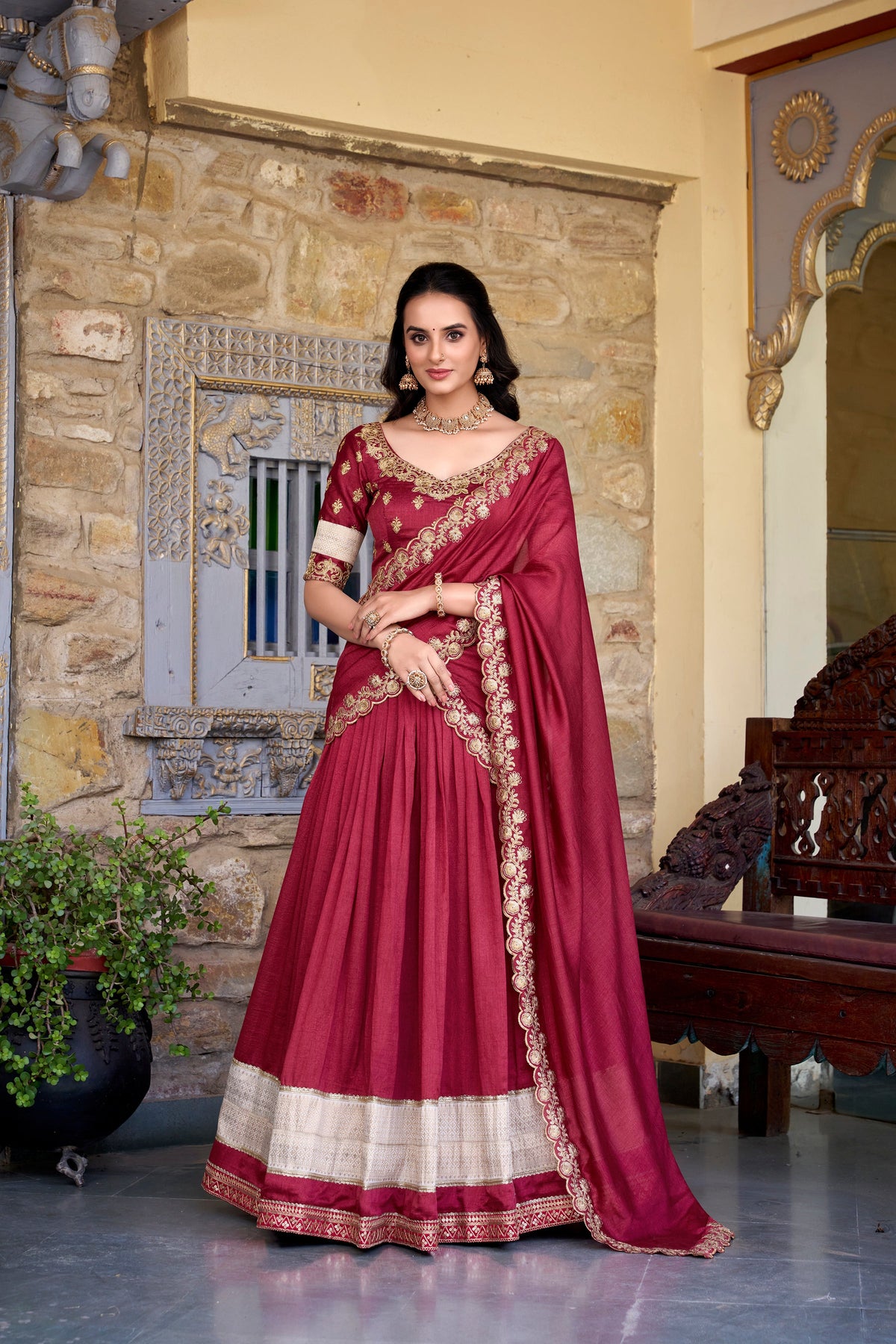 Lorenvalley Rust Vichitra Silk Zari Weaving Work Lace Border Belt with Sequins Lace Touch Up Lehenga Choli with Dupatta | Grocsy