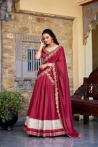 Lorenvalley Rust Vichitra Silk Zari Weaving Work Lace Border Belt with Sequins Lace Touch Up Lehenga Choli with Dupatta | Grocsy