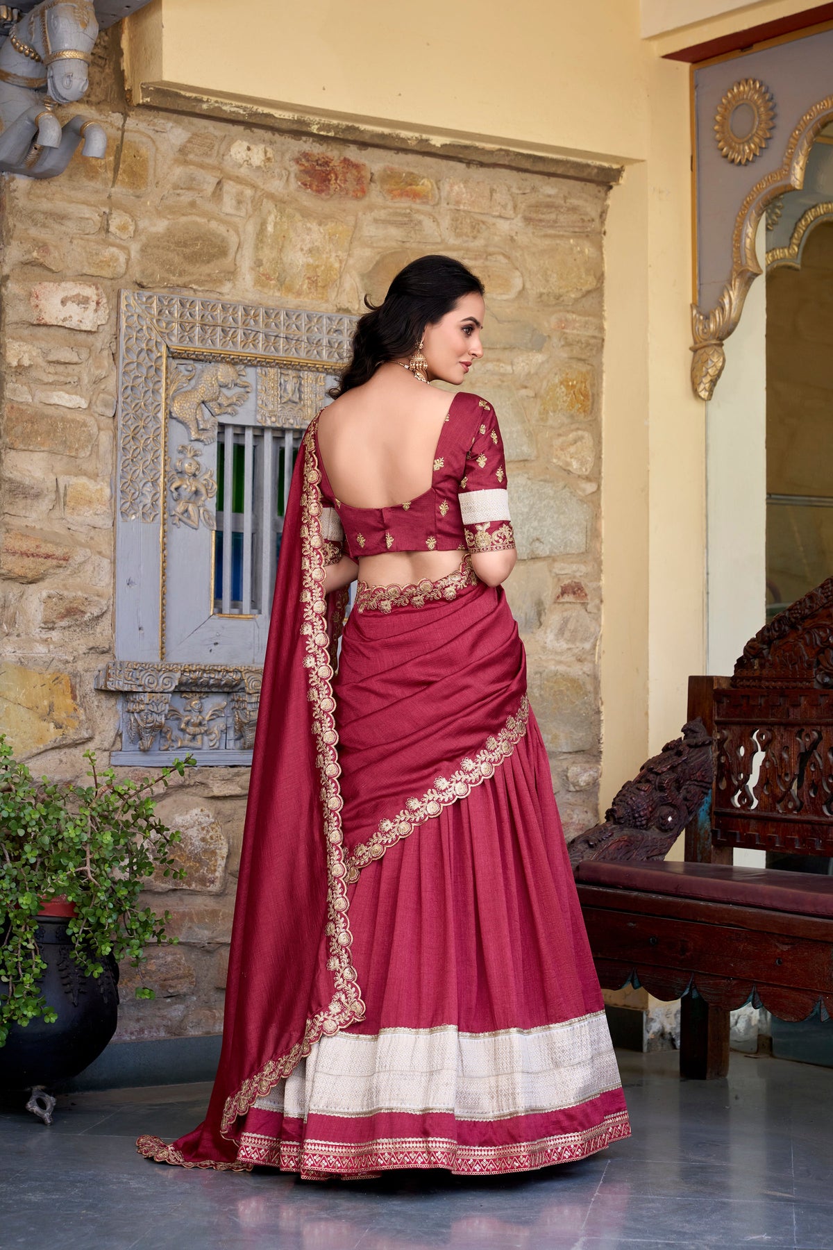 Lorenvalley Rust Vichitra Silk Zari Weaving Work Lace Border Belt with Sequins Lace Touch Up Lehenga Choli with Dupatta | Grocsy