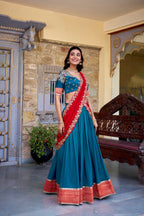 Lorenvalley Teal Vichitra Silk Zari Weaving Work Lace Border Belt with Sequins Lace Touch Up Lehenga Choli with Dupatta | Grocsy