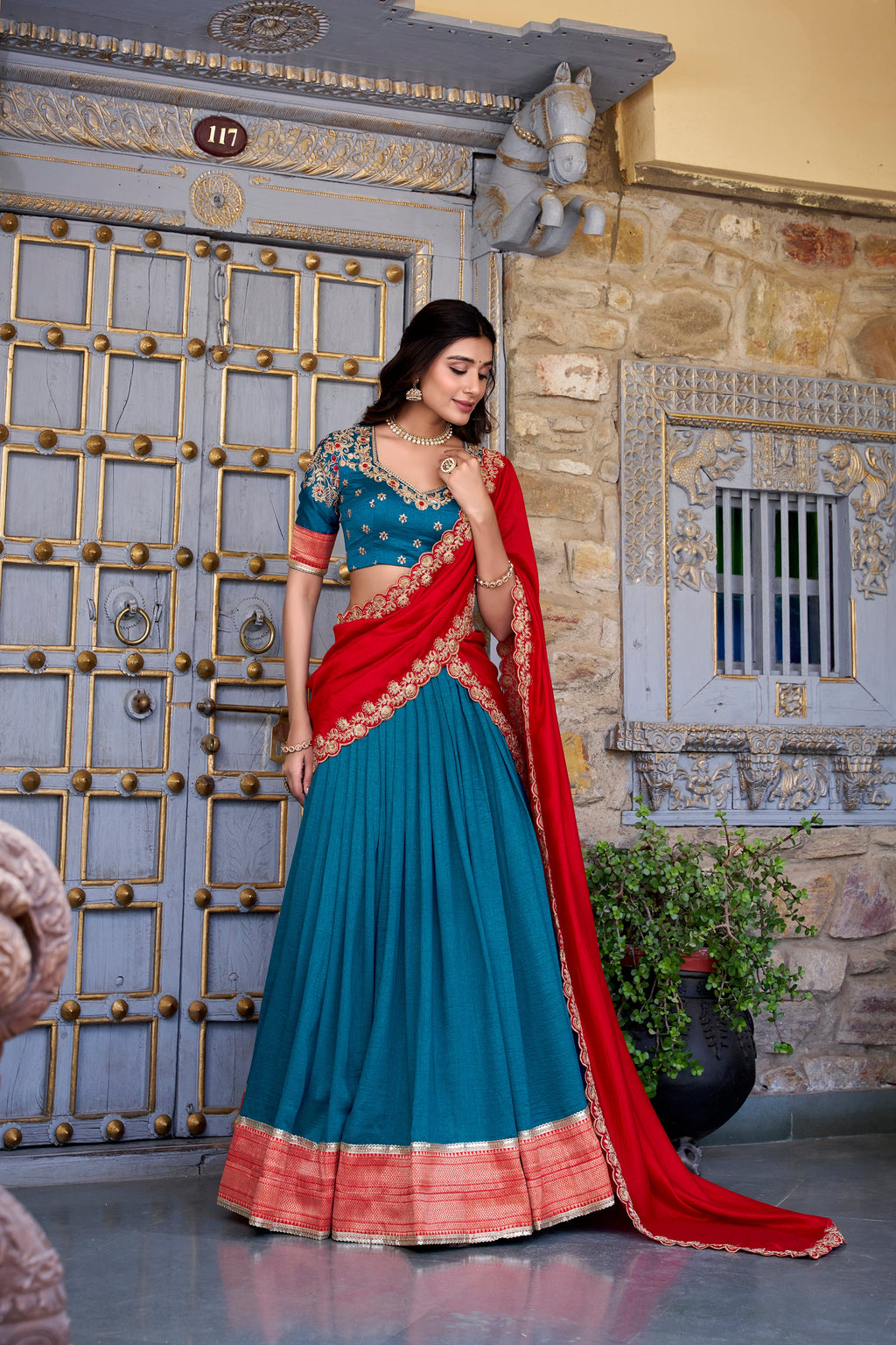 Lorenvalley Teal Vichitra Silk Zari Weaving Work Lace Border Belt with Sequins Lace Touch Up Lehenga Choli with Dupatta | Grocsy