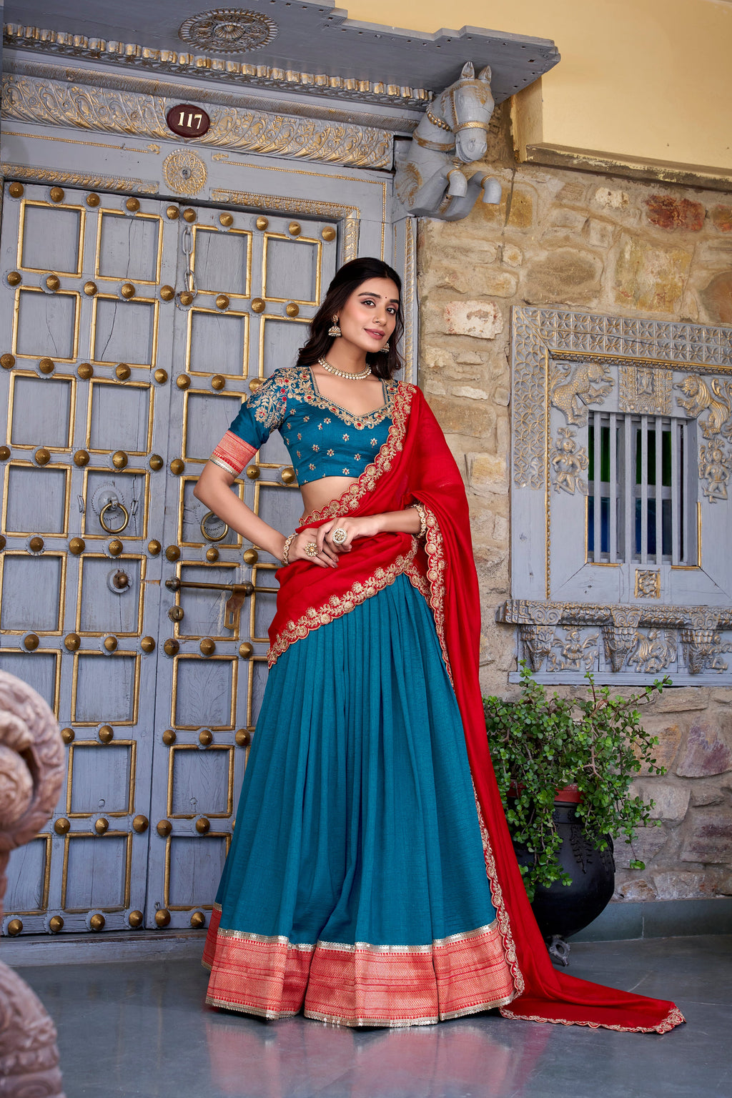 Lorenvalley Teal Vichitra Silk Zari Weaving Work Lace Border Belt with Sequins Lace Touch Up Lehenga Choli with Dupatta | Grocsy