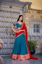 Lorenvalley Teal Vichitra Silk Zari Weaving Work Lace Border Belt with Sequins Lace Touch Up Lehenga Choli with Dupatta | Grocsy