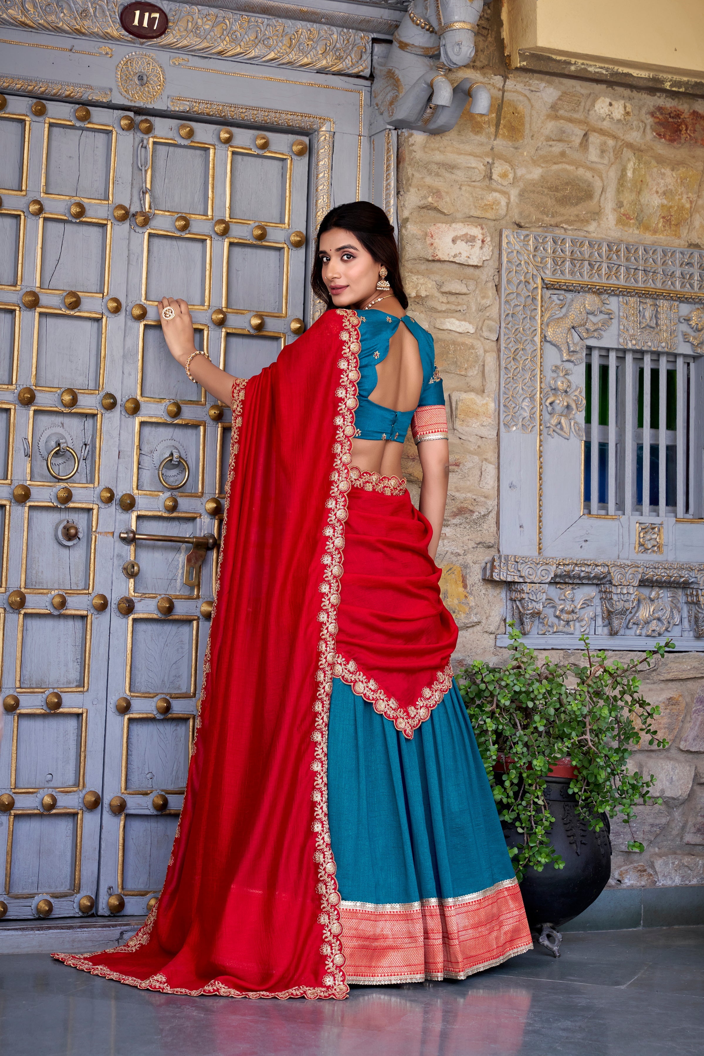 Lorenvalley Teal Vichitra Silk Zari Weaving Work Lace Border Belt with Sequins Lace Touch Up Lehenga Choli with Dupatta | Grocsy