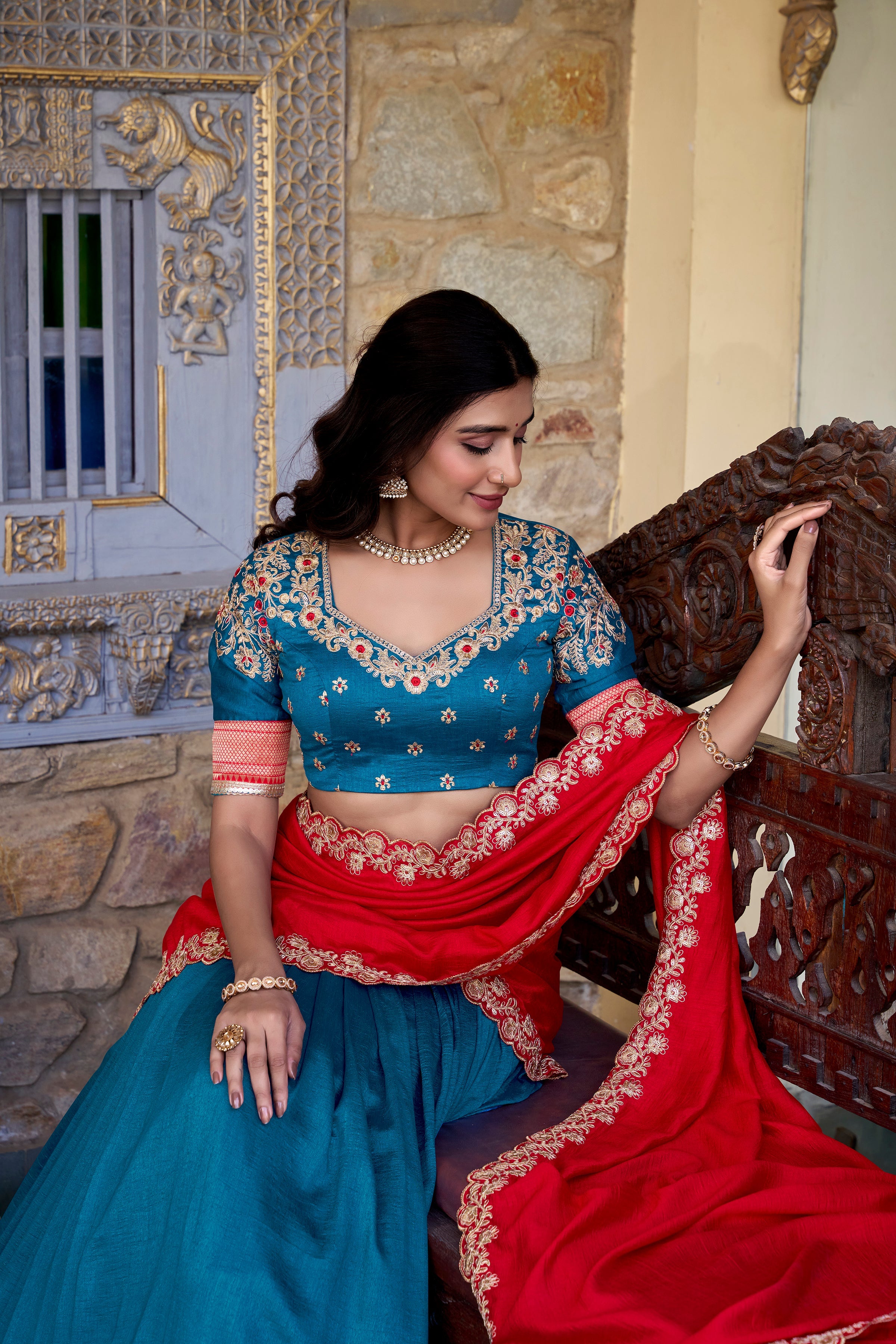 Lorenvalley Teal Vichitra Silk Zari Weaving Work Lace Border Belt with Sequins Lace Touch Up Lehenga Choli with Dupatta | Grocsy