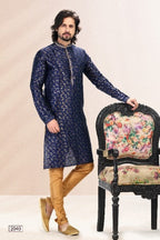 Raivat Ethnic Jacquard Banarasi Silk Pintux Work Kurta Pajama In Blue Colour | Grocsy