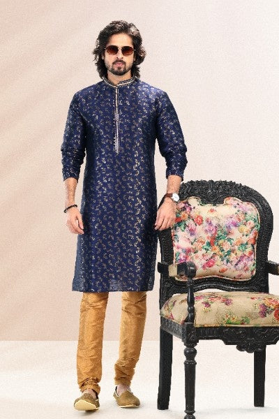 Raivat Ethnic Jacquard Banarasi Silk Pintux Work Kurta Pajama In Blue Colour | Grocsy
