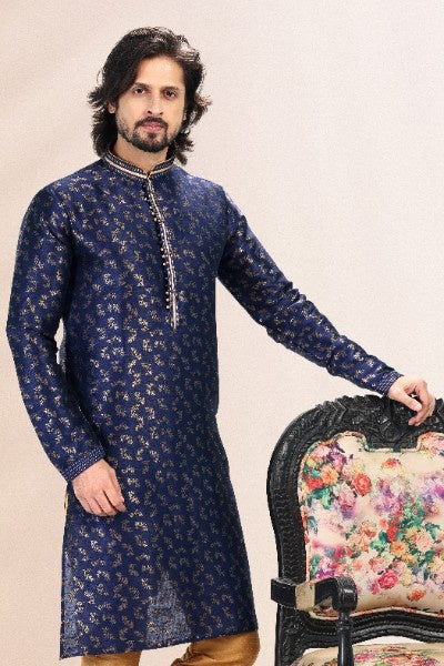 Raivat Ethnic Jacquard Banarasi Silk Pintux Work Kurta Pajama In Blue Colour | Grocsy