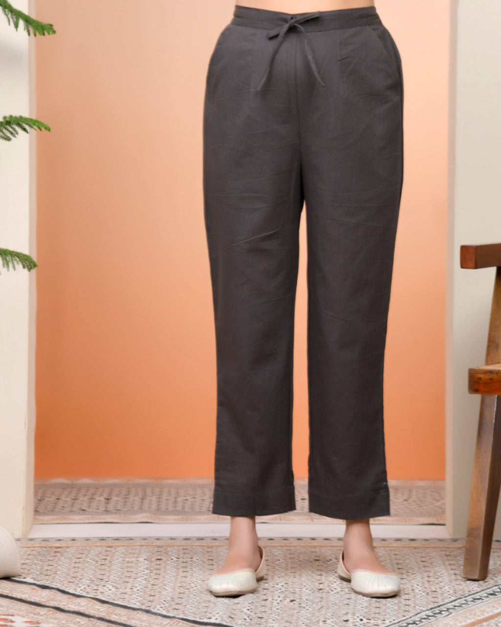 Vaasva Women Charcoal Cotton Flax Solid Straight Pants | Grocsy