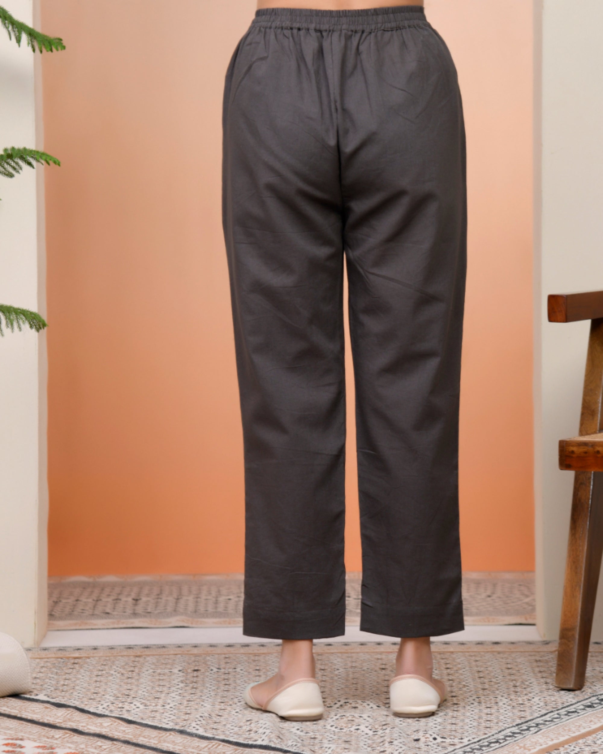 Vaasva Women Charcoal Cotton Flax Solid Straight Pants | Grocsy