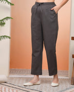Vaasva Women Charcoal Cotton Flax Solid Straight Pants | Grocsy