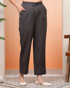 Vaasva Women Charcoal Cotton Flax Solid Straight Pants | Grocsy