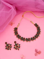 Tehzeeb Creations Green & Maroon Colour Gold Pleated Stone Studded Necklace With Earrings | Grocsy