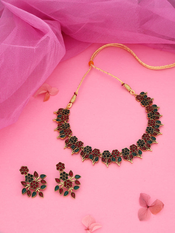 Tehzeeb Creations Green & Maroon Colour Gold Pleated Stone Studded Necklace With Earrings | Grocsy
