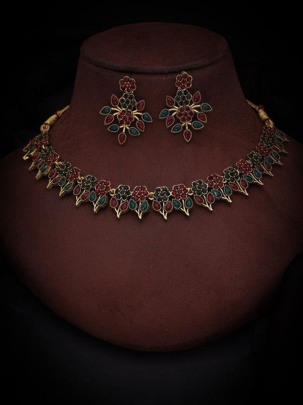 Tehzeeb Creations Green & Maroon Colour Gold Pleated Stone Studded Necklace With Earrings | Grocsy