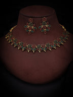 Tehzeeb Creations Green & Maroon Colour Gold Pleated Stone Studded Necklace With Earrings | Grocsy
