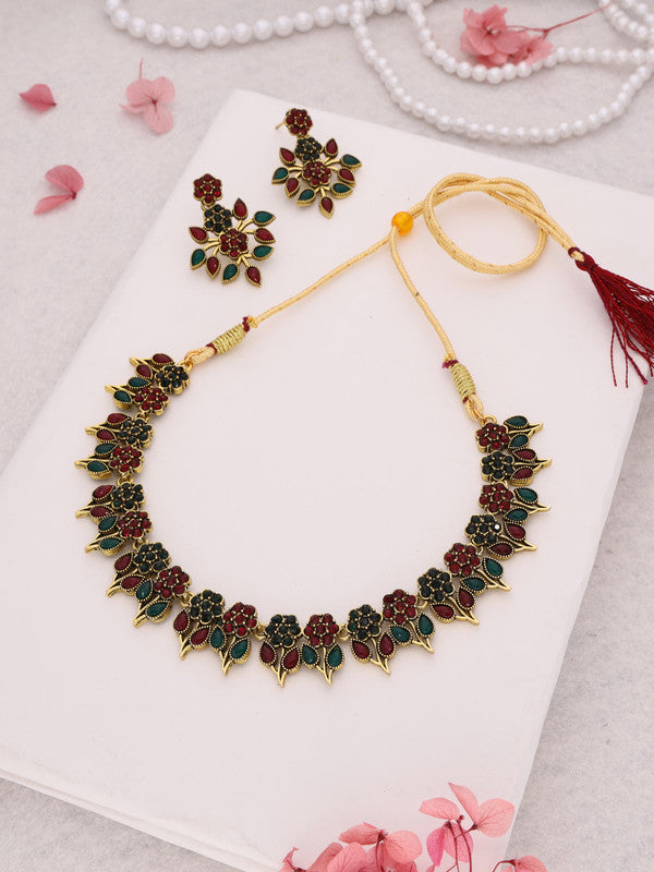 Tehzeeb Creations Green & Maroon Colour Gold Pleated Stone Studded Necklace With Earrings | Grocsy