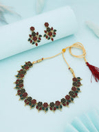 Tehzeeb Creations Green & Maroon Colour Gold Pleated Stone Studded Necklace With Earrings | Grocsy