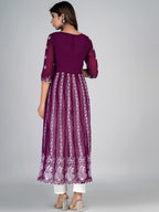 HERE&NOW Purple & White Floral Embroidered Paneled Georgette Anarkali Kurta | Grocsy
