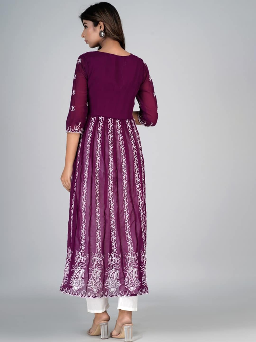 HERE&NOW Purple & White Floral Embroidered Paneled Georgette Anarkali Kurta | Grocsy
