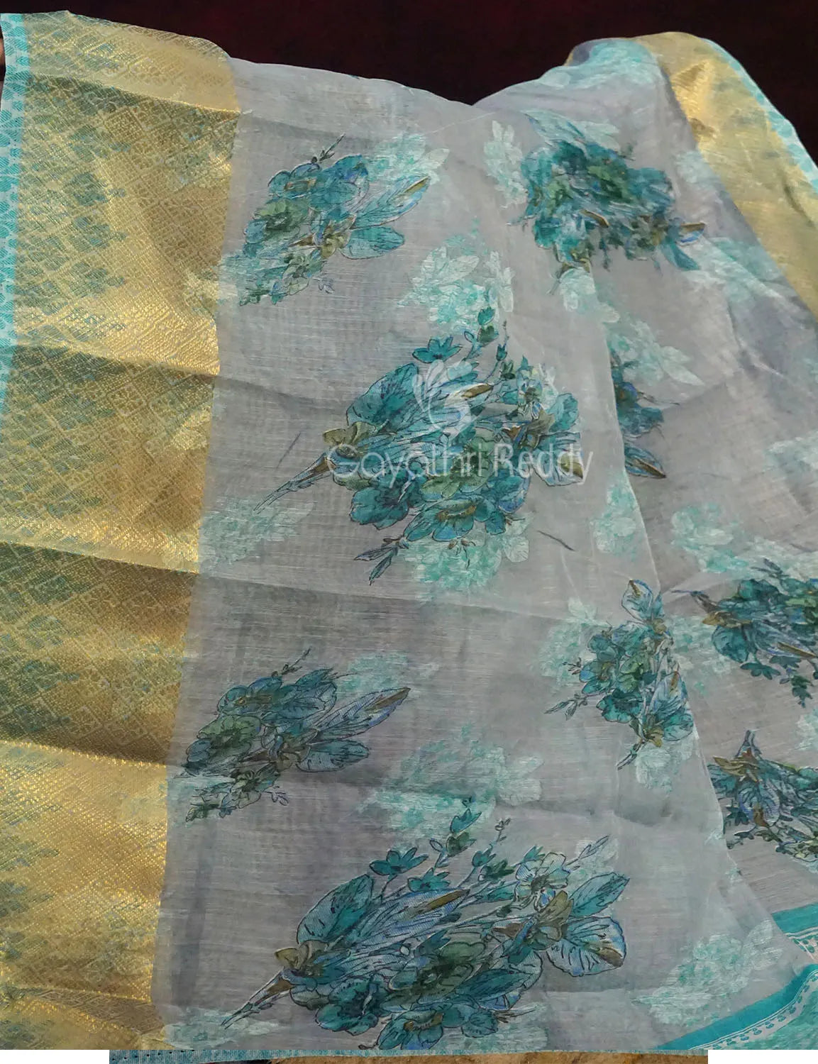 Pastel Blue Colour Floral All Over Print Semi Chanderi Saree By Gayathri Reddy Designer Studio | Grocsy