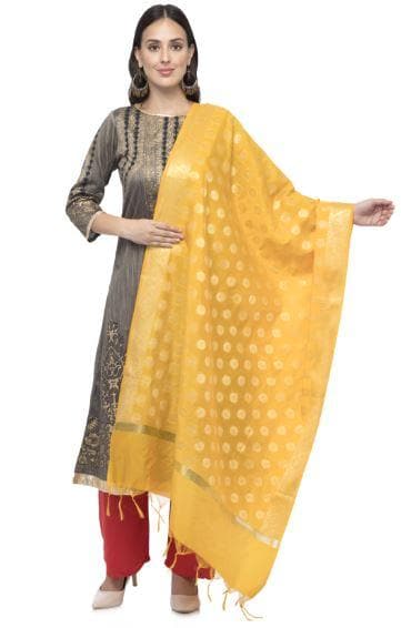 A R Silk Women's Chanderi Zari Embroidery Yellow Fancy Dupatta | Grocsy