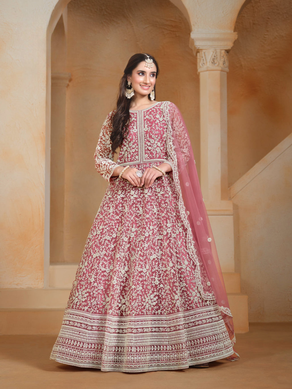 Anaita Pink Embroidered Net Anarkali Suit | Grocsy