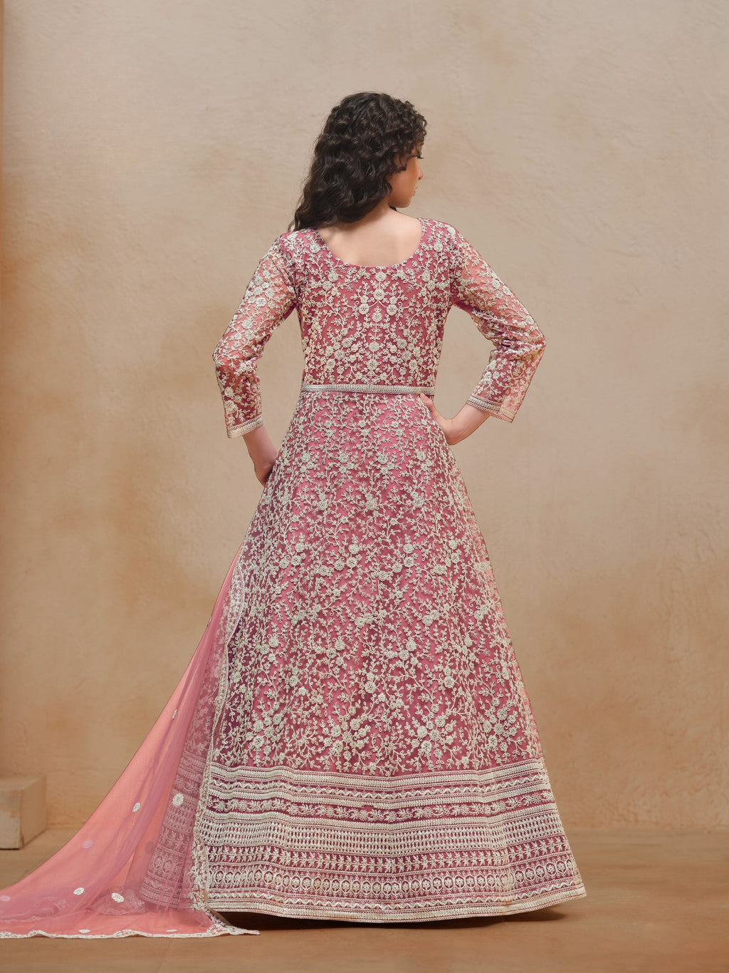 Anaita Pink Embroidered Net Anarkali Suit | Grocsy