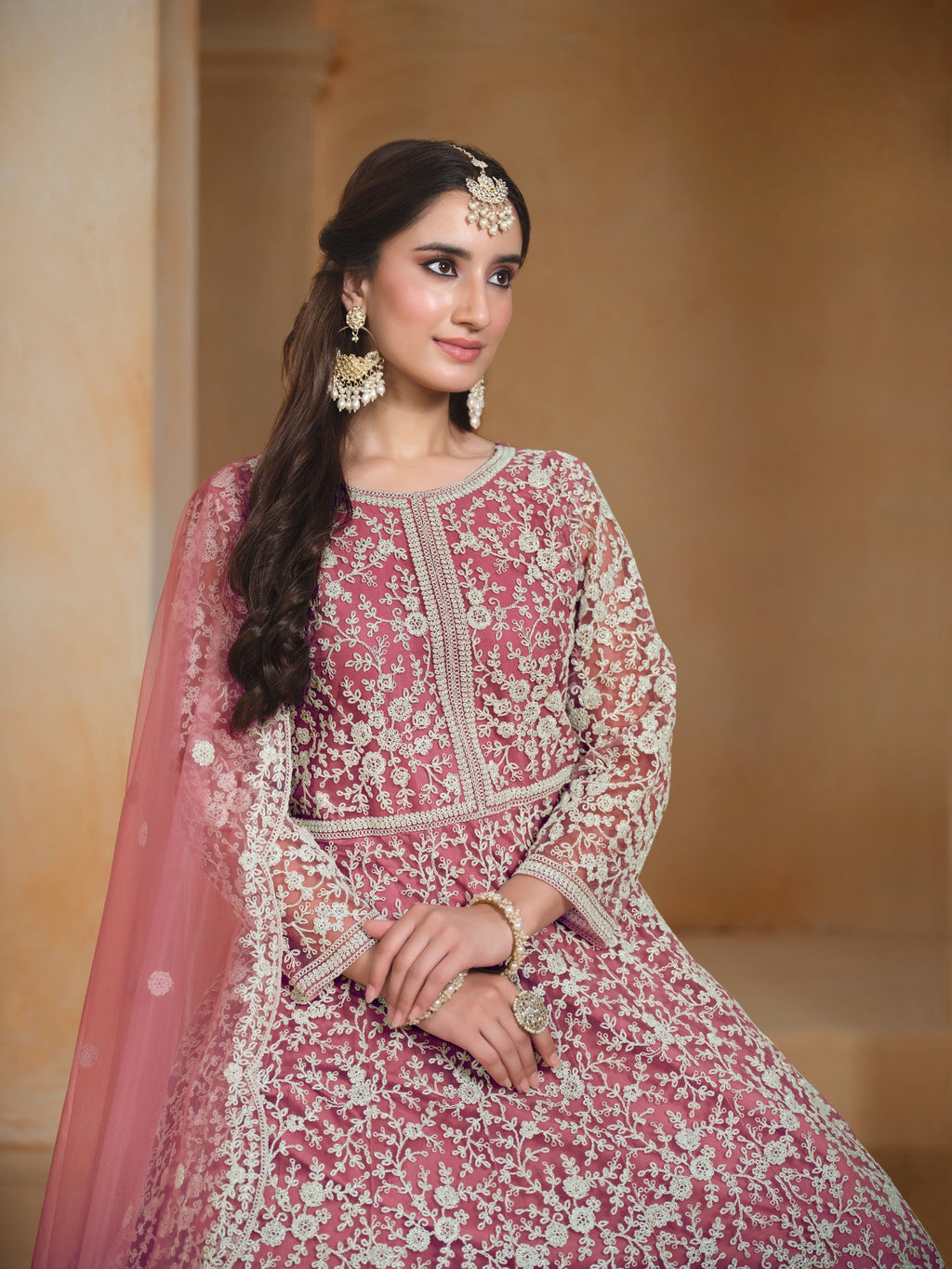 Anaita Pink Embroidered Net Anarkali Suit | Grocsy