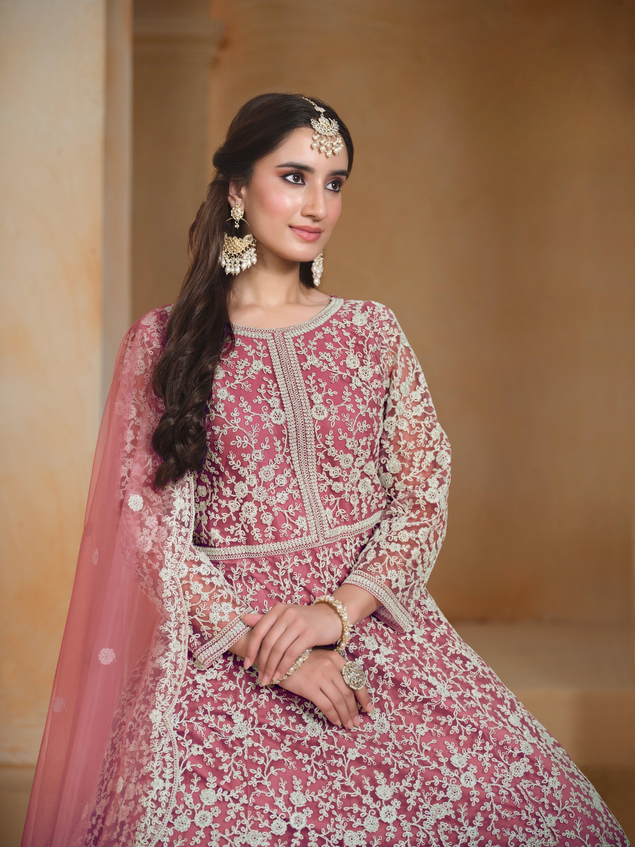 Anaita Pink Embroidered Net Anarkali Suit | Grocsy