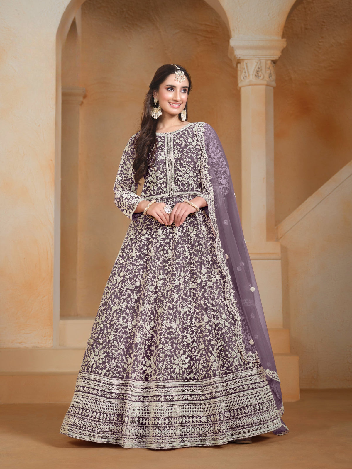 Anaita Lavender Embroidered Net Anarkali Suit | Grocsy