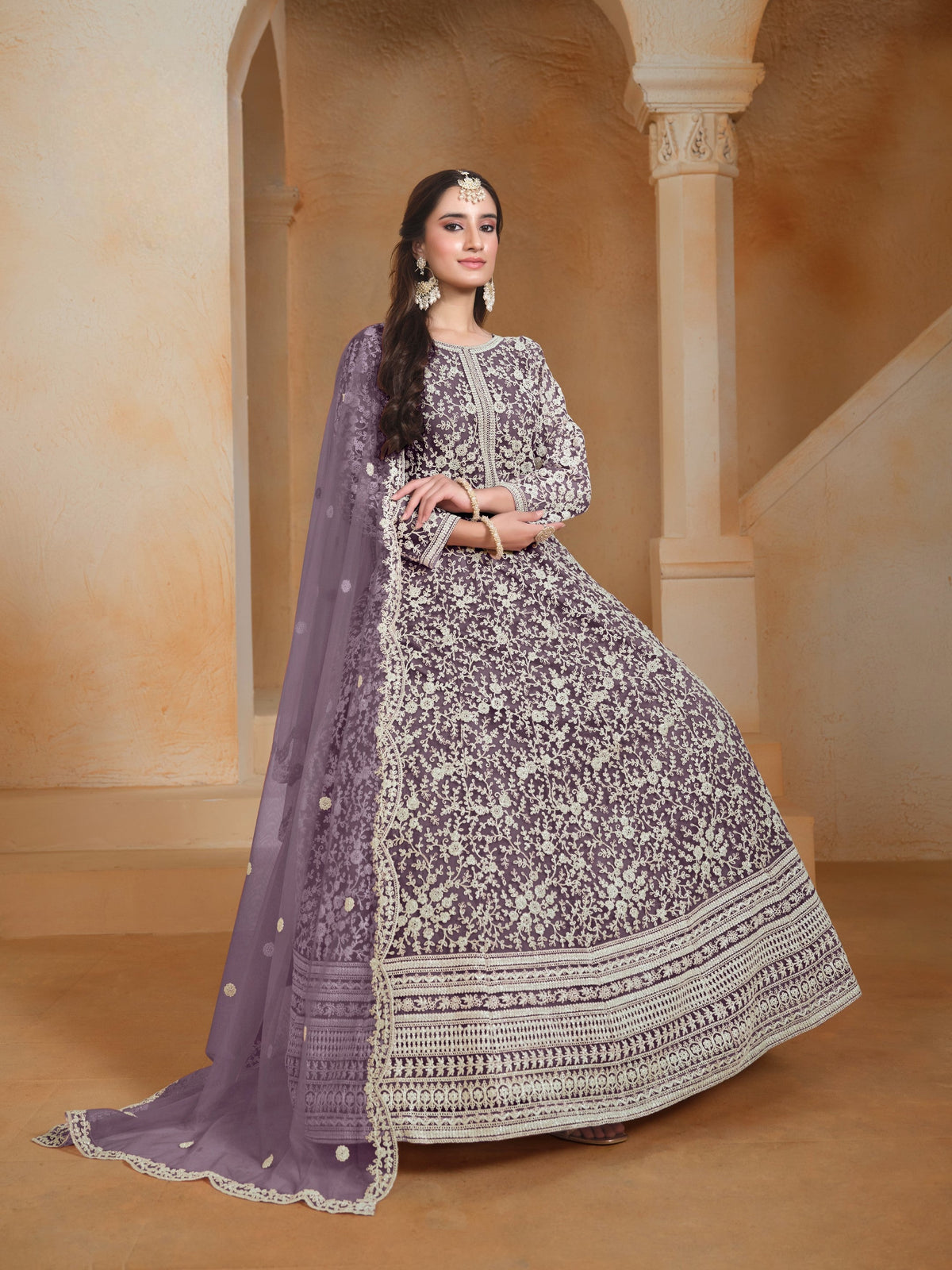 Anaita Lavender Embroidered Net Anarkali Suit | Grocsy