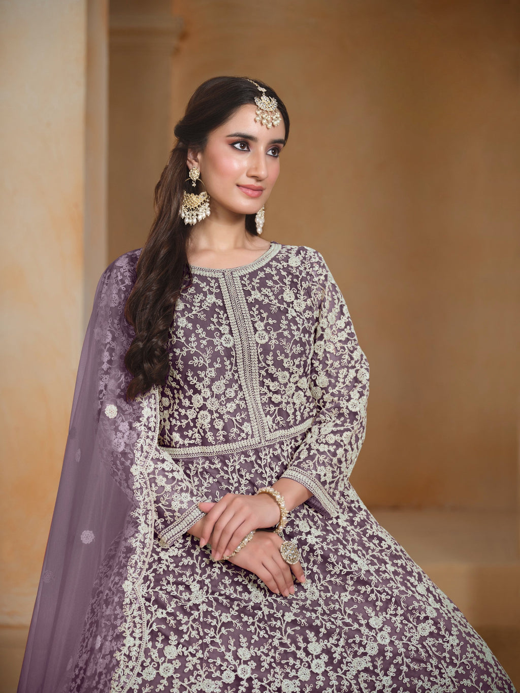 Anaita Lavender Embroidered Net Anarkali Suit | Grocsy